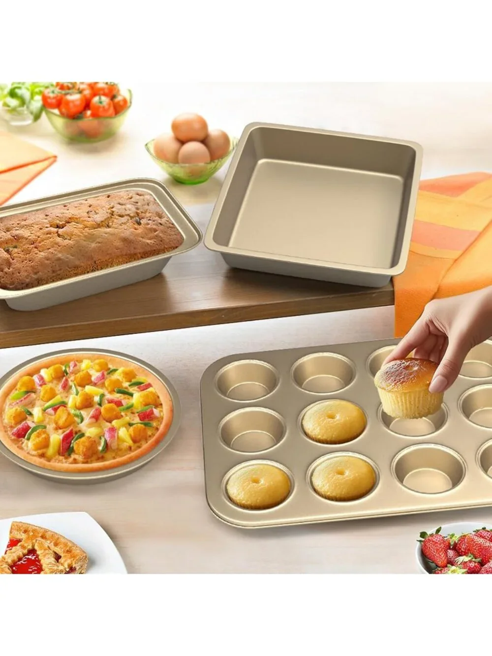 5-Piece Gold Nonstick Bakeware Sets Kitchen Cookware Sets Muffin Loaf Roast Pan